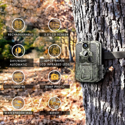 WOSPORTS Rechargeable Trail Camera 2Pack 56MP 4K Game Cam 0.2s Trigger No Glow Night Vision Motion Activated 120° Wide Lens 2.0” LCD Wildlife Camera Outdoor Scouting