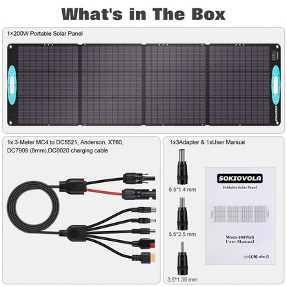 SOKIOVOLA 200W Portable Solar Panels for Power Station, IP68 Waterproof ETFE Foldable Solar Panel Kit 25% High Conversion Efficiency Solar Panel for Camping Outdoor RV Blackout