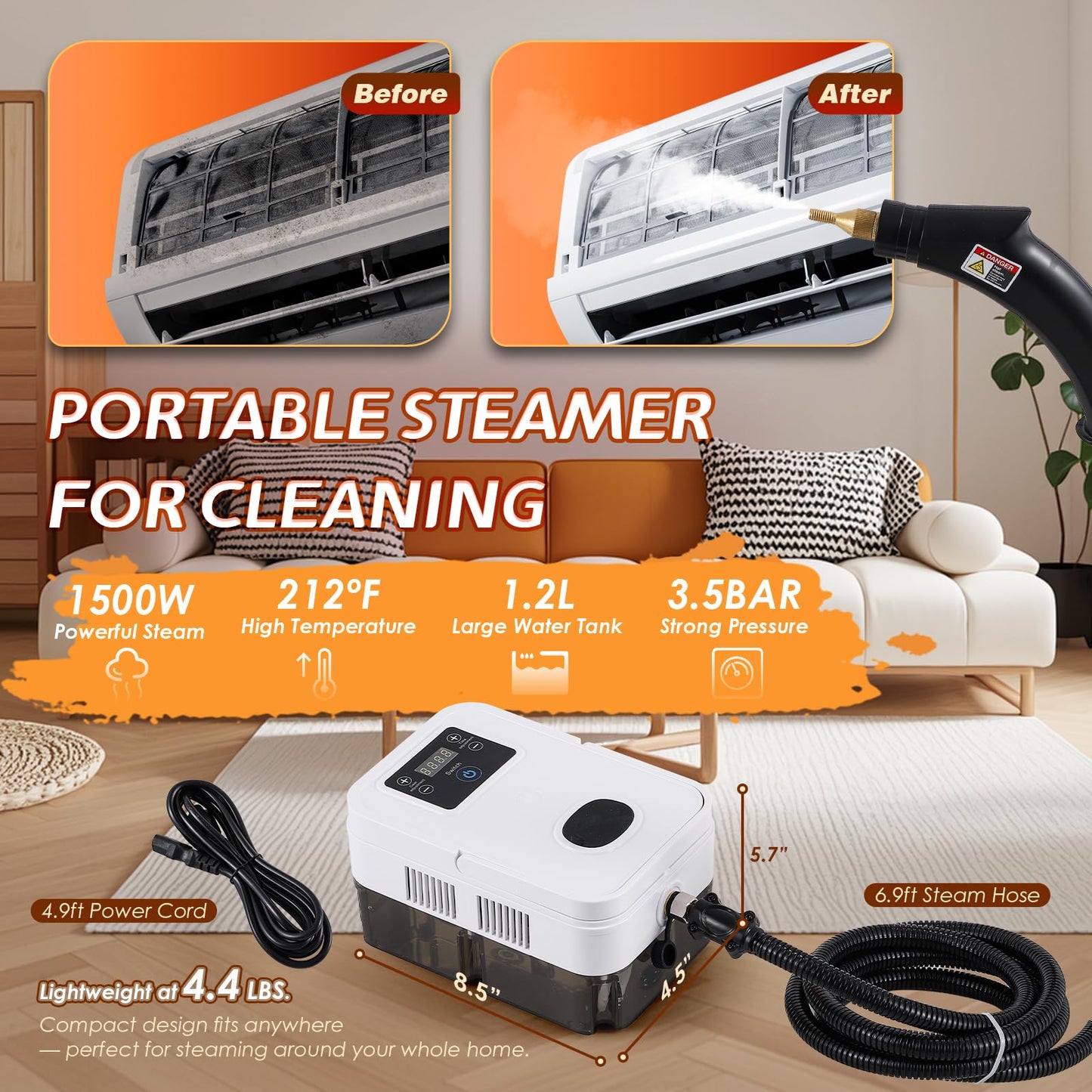 Hapyvergo Timing Steam Cleaner Handheld Steamer for Cleaning Grout Tile Car Detailing Pressurized Steam Cleaner with Brush Heads for Home Kitchen Bathroom (White)
