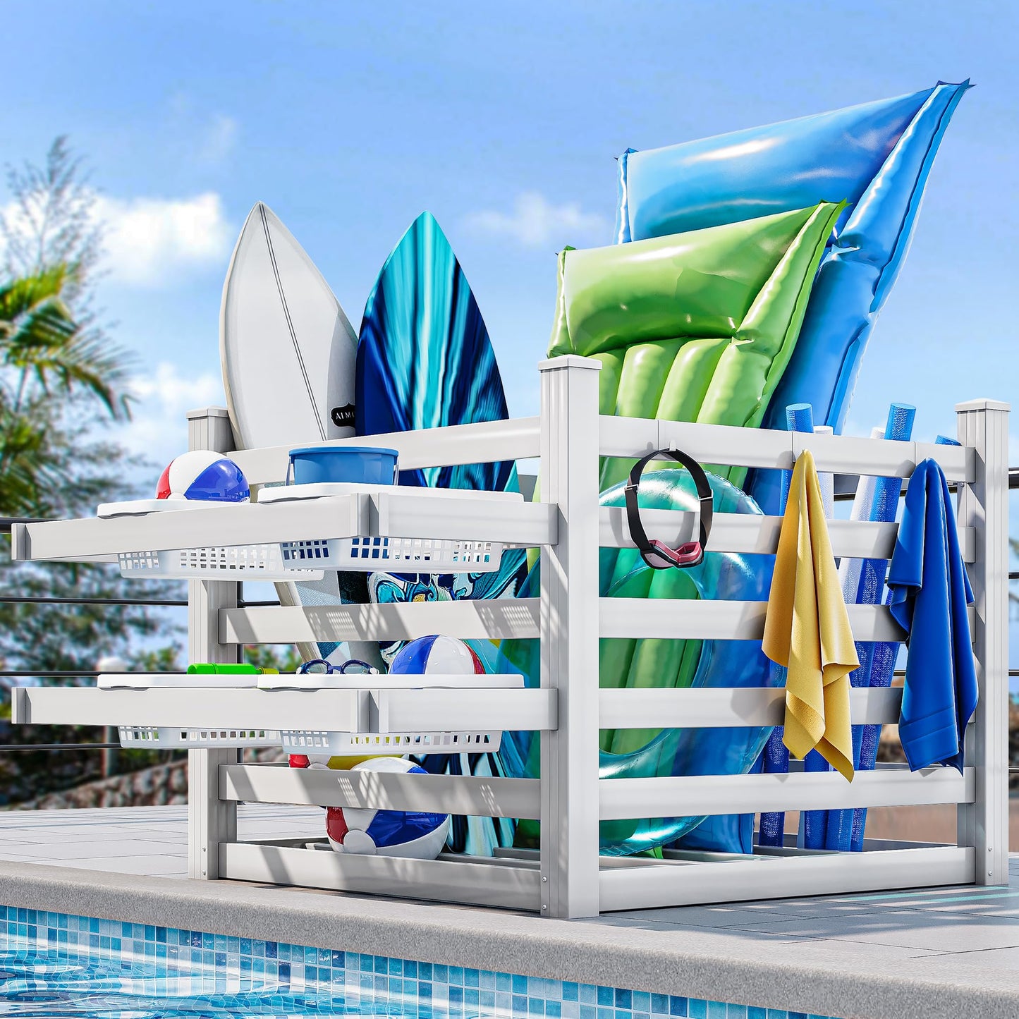 YITAHOME Pool Storage Bins with Towel Rack & 6 Moveable Hooks, Large Pool Noodle Holder Organizer, Outdoor Waterproof Poolside Float Storage for Goggles, Beach Balls, Floats Equipment
