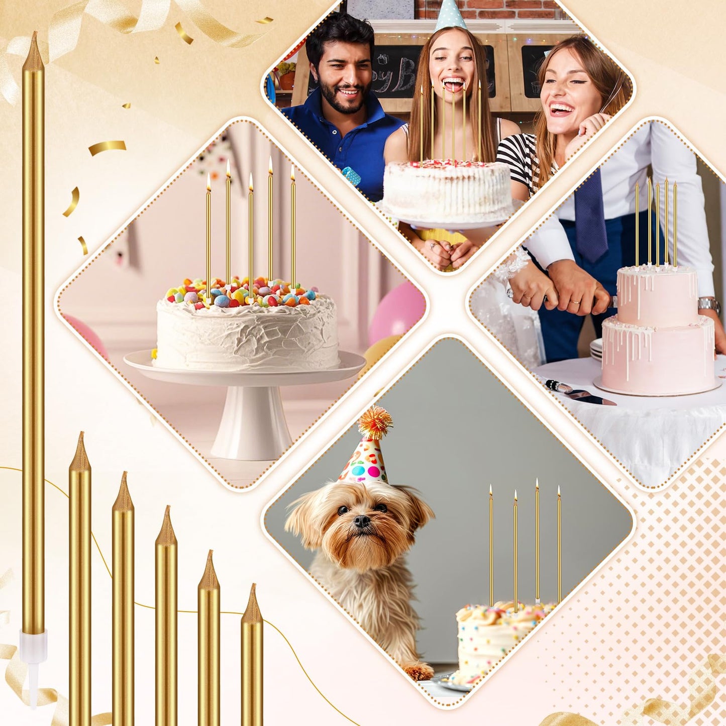 Conelist 30 Pack 8.75 Tall Unscented Champagne Gold Long Birthday Candles for Cake Fancy Thin Cupcake Candle for Birthday Cake Wedding Decorations Party