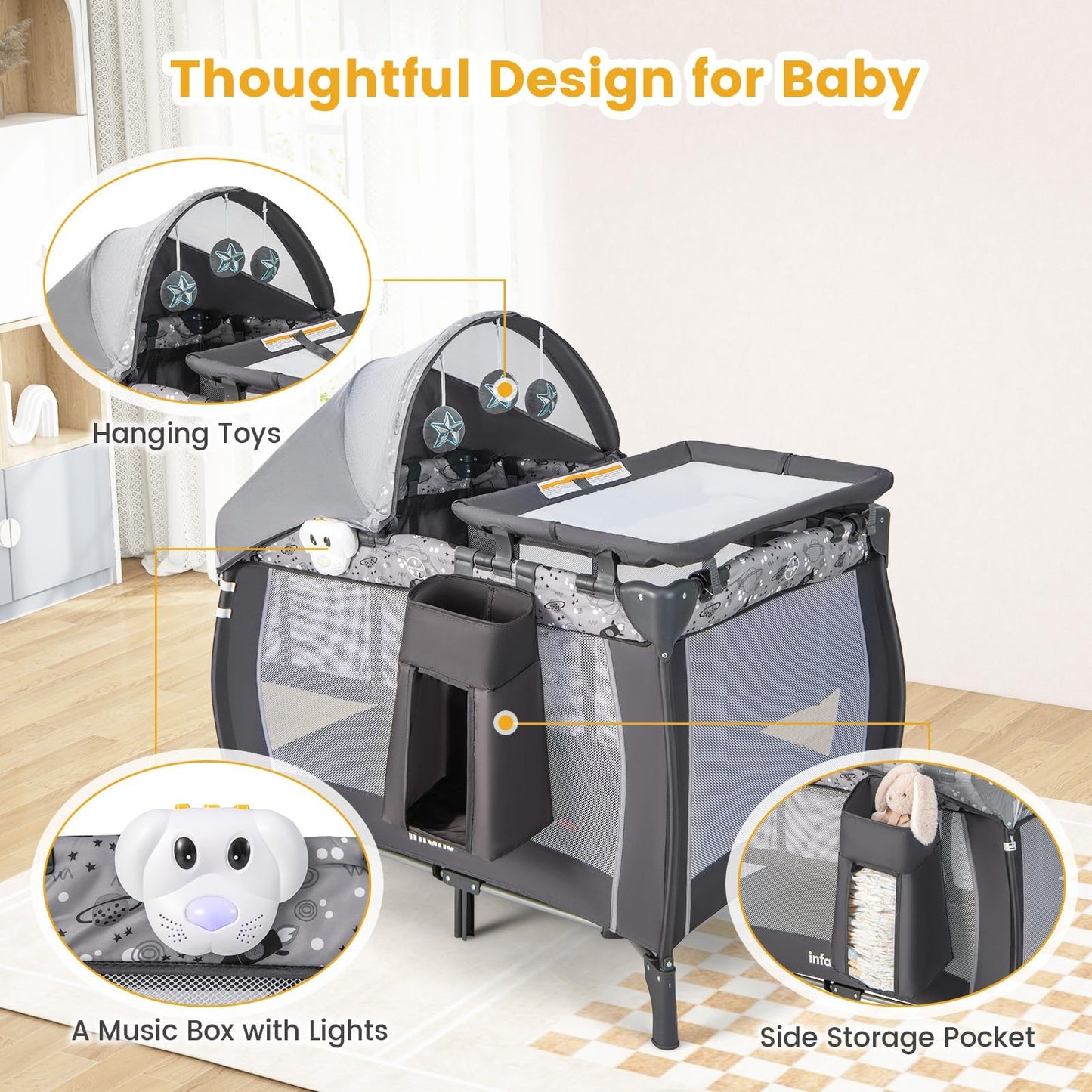 INFANS 4 in 1 Pack and Play, Portable Travel Baby Playard with Bassinet, Changing Table, Canopy, Mosquito Net, Hanging Toys, Music Box, Storage Bag, Large Playpen from Newborn to Toddlers (Grey)