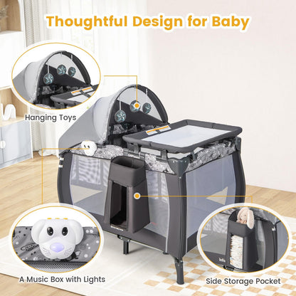 INFANS 4 in 1 Pack and Play, Portable Travel Baby Playard with Bassinet, Changing Table, Canopy, Mosquito Net, Hanging Toys, Music Box, Storage Bag, Large Playpen from Newborn to Toddlers (Grey)