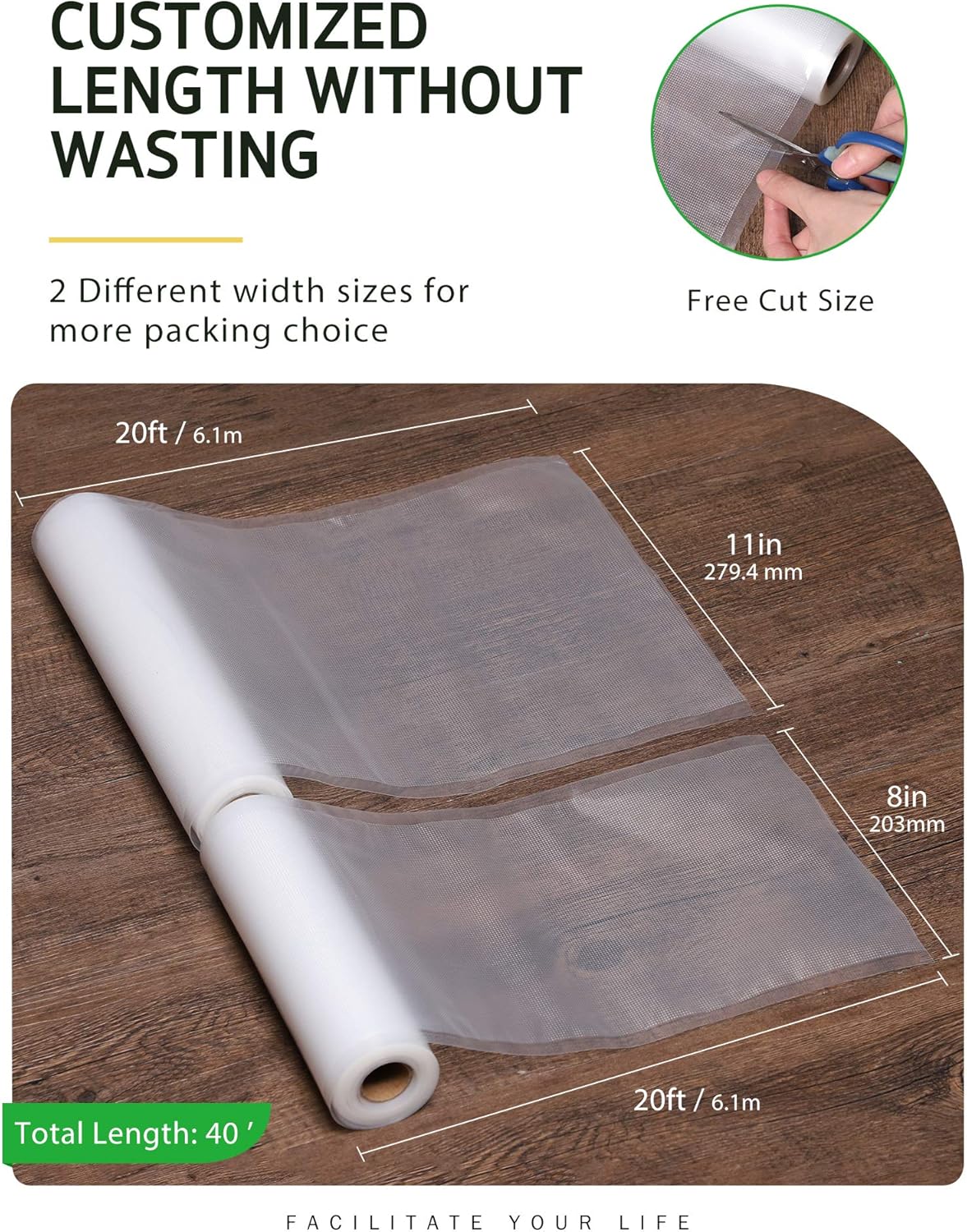 Syntus Vacuum Sealer Bags - Commercial Grade Food Storage Rolls | 2 Pack: 11" x 20' & 8" x 20'