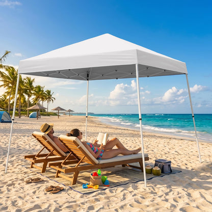 INTER HUT 10x10 Pop Up Canopy Tent with Carry Bag, Slant Leg Instant Shade Shelter for Outdoor Events, Camping, Sports, Parties, White