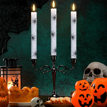 Wondise Halloween Flameless Taper Candles with Remote & Timer, 4 Pack Spider Web Halloween Candles Battery Operated Real Wax LED Flickering Candlestick for Halloween Table Decorations, 02020051