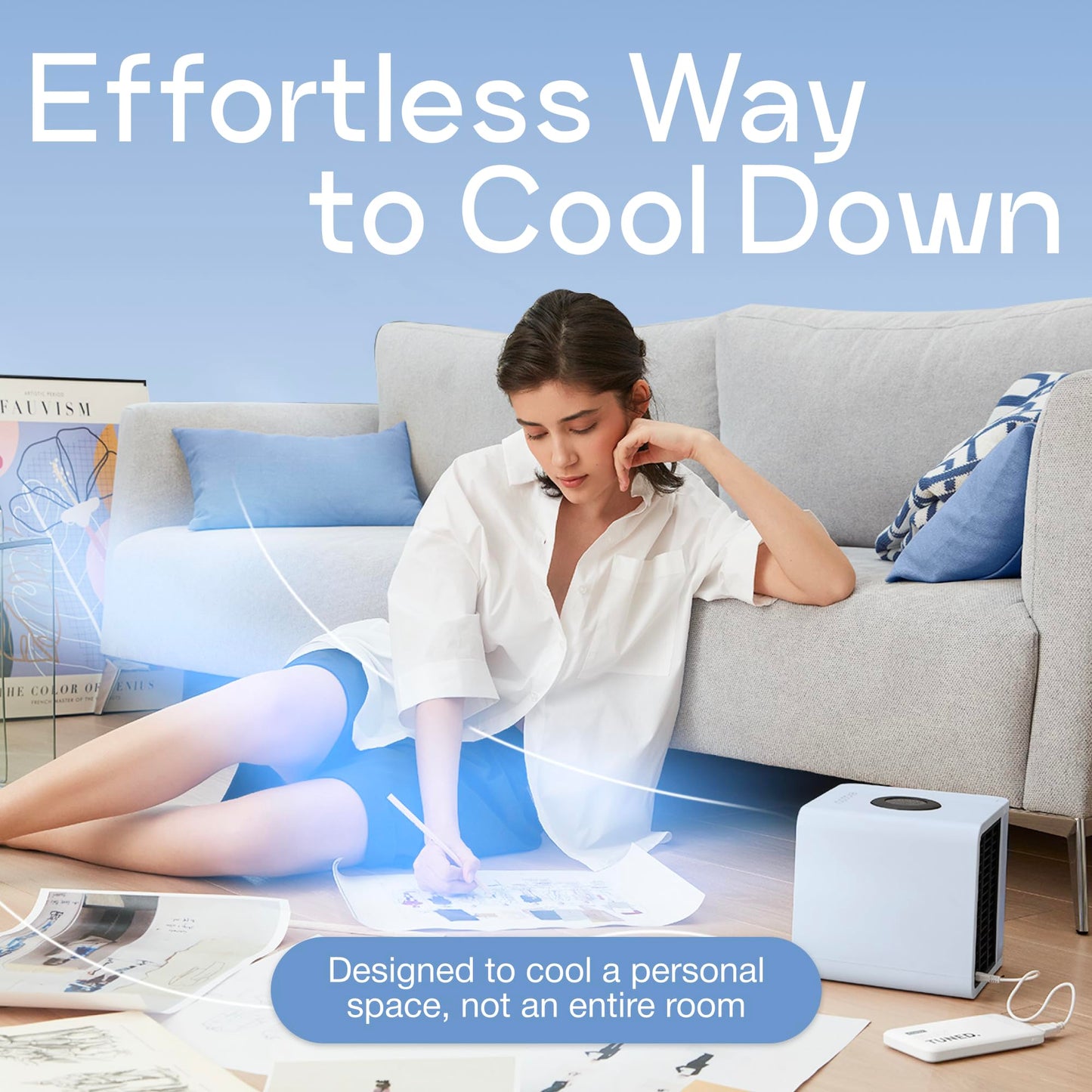 Cooling Fan for Desk and Car - Portable Evaporative Air Cooler for Camping - Small Ice Fan for Tent - Personal Air Conditioners Evalight, Blue