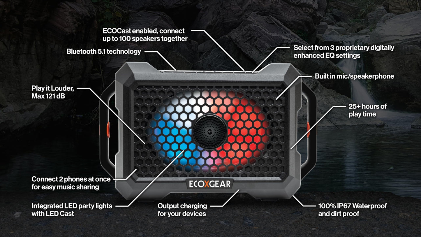 ECOXGEAR Defender: Outdoor Portable Bluetooth Speaker, 121dB Massive Sound, Waterproof and Drop Proof, with LED Party Lights, Pair up to 100, 25+ Hours Playtime (Blaze Orange)