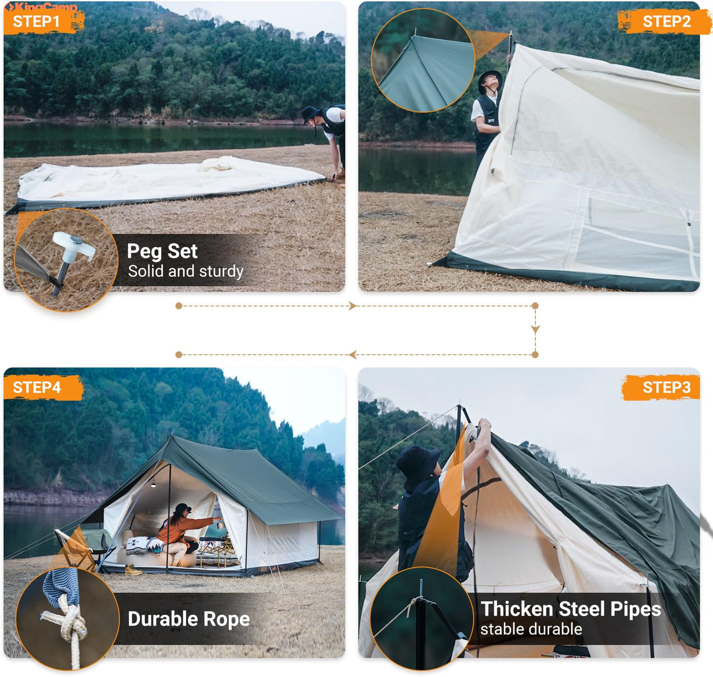 KingCamp 6-8 Person Canvas Tent for Camping Waterproof & Windproof Cabin Tents with Large Mesh Windows, Easy Setup, All Season Wall Tent for Family Camping, Hiking, and Outdoor Events