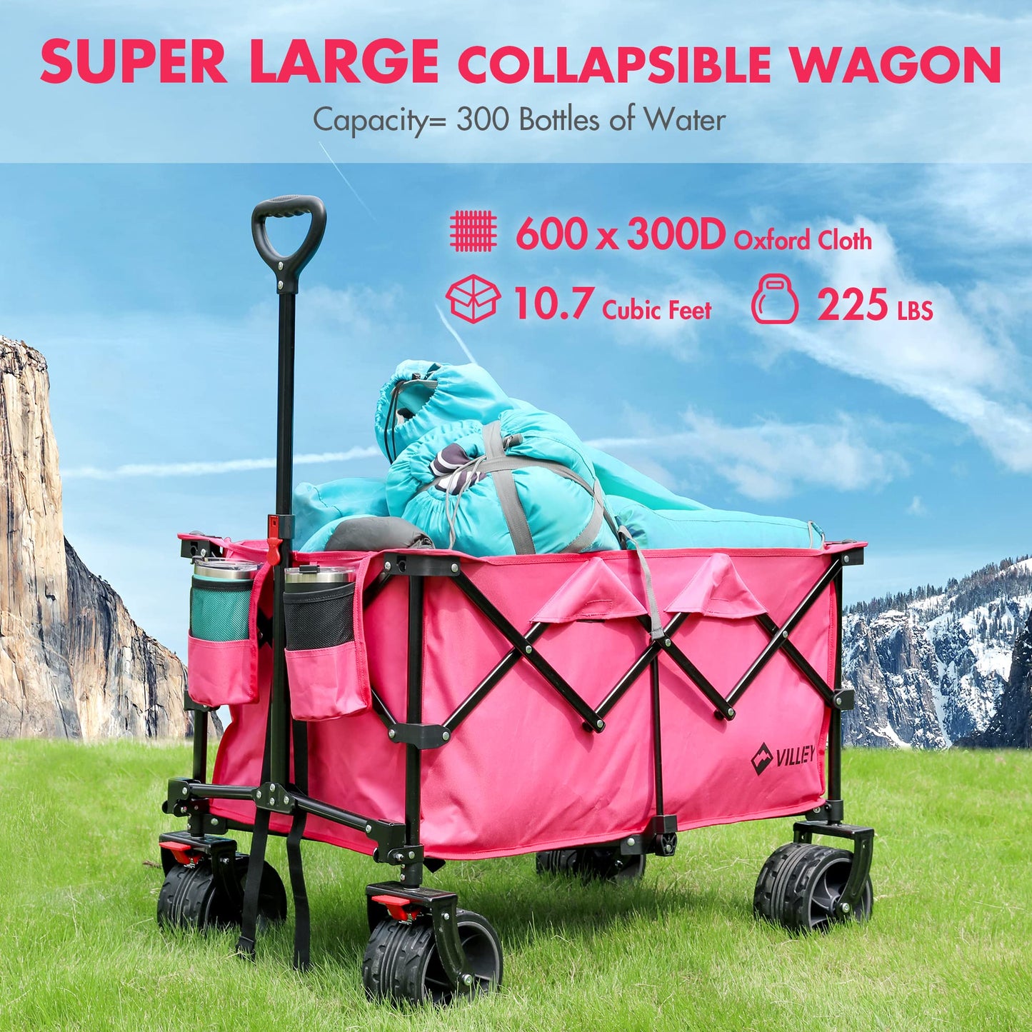 VILLEY Collapsible Folding Wagon with Big Wheels, Enlarged 225lbs Capacity, All Terrain Wagons Carts Heavy Duty Foldable, Portable Utility Garden Cart with 2 Cup Holders and Brake, Pink.
