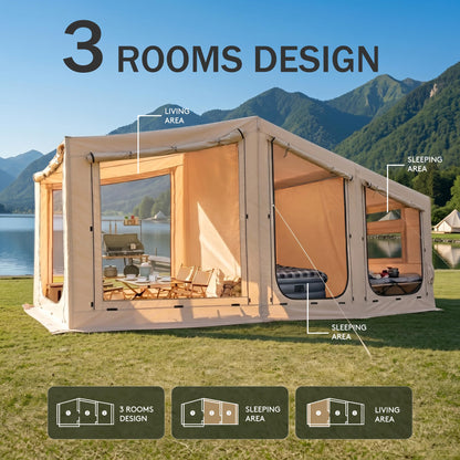 Inflatable Tent for Camping,16.4'x7'x7' Blow Up Tent 8-12 Person,3 Room Tent with Divided Curtain,Hot Tent with Stove Jack, Inflatable House with Pump, Quick Setup Air Glamping Tent for Family Outdoor