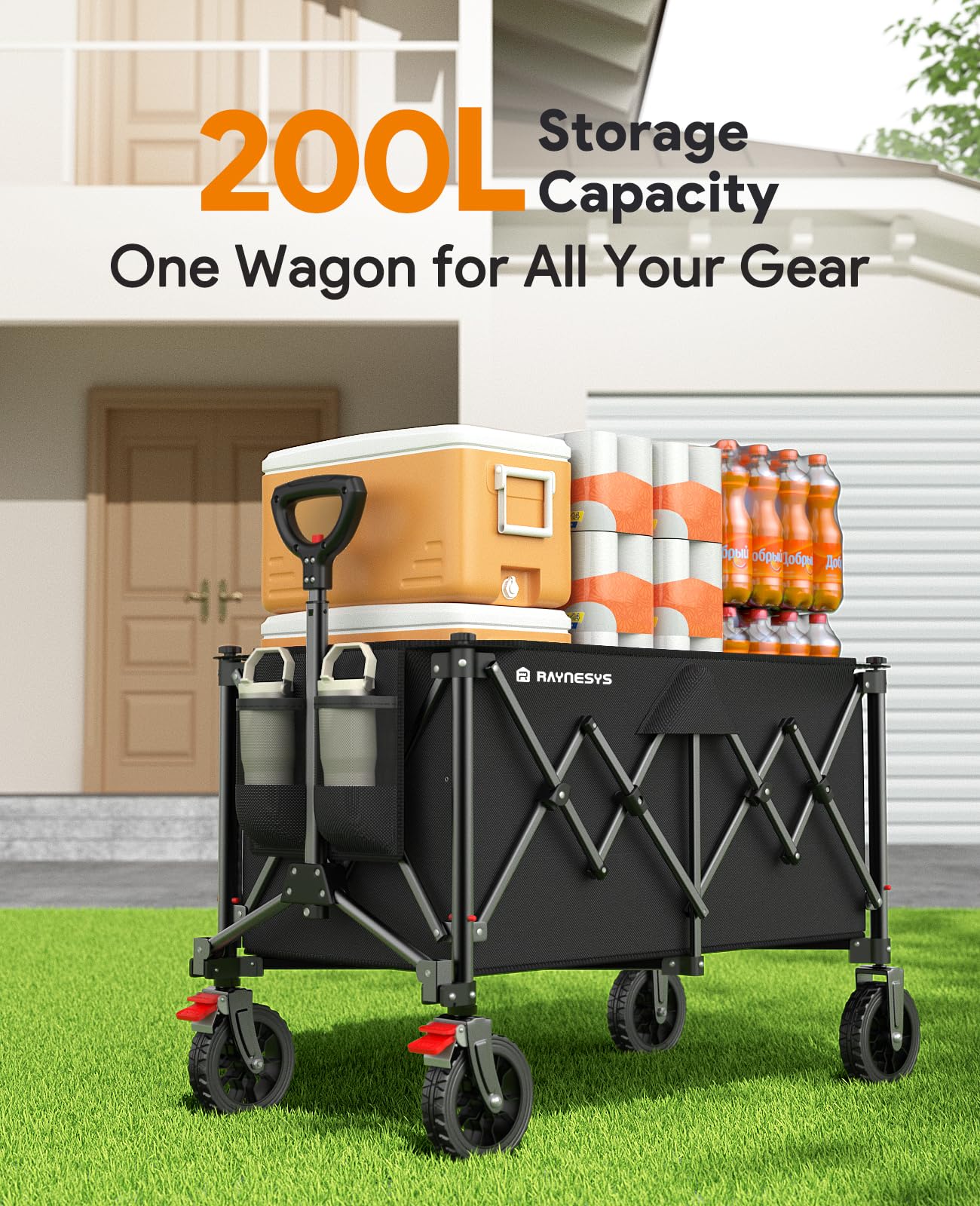 Raynesys Collapsible Foldable Wagons, 440lbs Capacity Wagons Carts Foldable with All-Terrain Wheels, Heavy Duty Utility Wagon Carts with Brakes for Camping, Sports, Shopping, Grocery, Black
