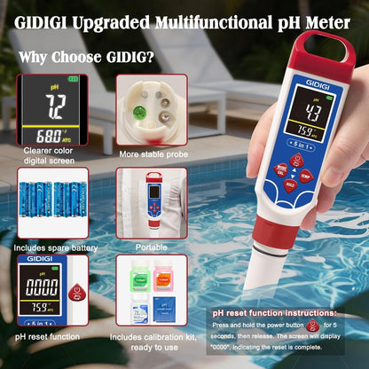GIDIGI 5 in 1 Digital pH Meter TDS EC Temp. Salinity Tester, Update Color Screen Pool Salinity Meter with Calibration Kit, Hydroponic pH Reader with Reset Function for Aquarium Reef Tank Cooking water