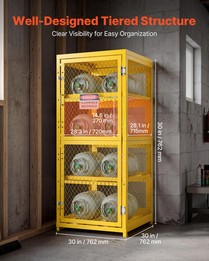 VEVOR Horizontal Cylinder Storage Cabinet, 30"L x 30"W x 70.3"H, 8 Cylinder Capacity, 4-Tier Propane Storage Cage, with Lock and Keys, Yellow Powder-Coated Carbon Steel, for Propane, Oxygen, Nitrogen