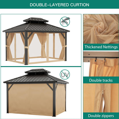 Hardtop Gazebo 10x12 FT, Garden Tent, Frame of Aluminum, Tin Roof Pavilion, Outdoor Gazebo, Sun Shed with Curtain and Netting for Backyard Patio Garden