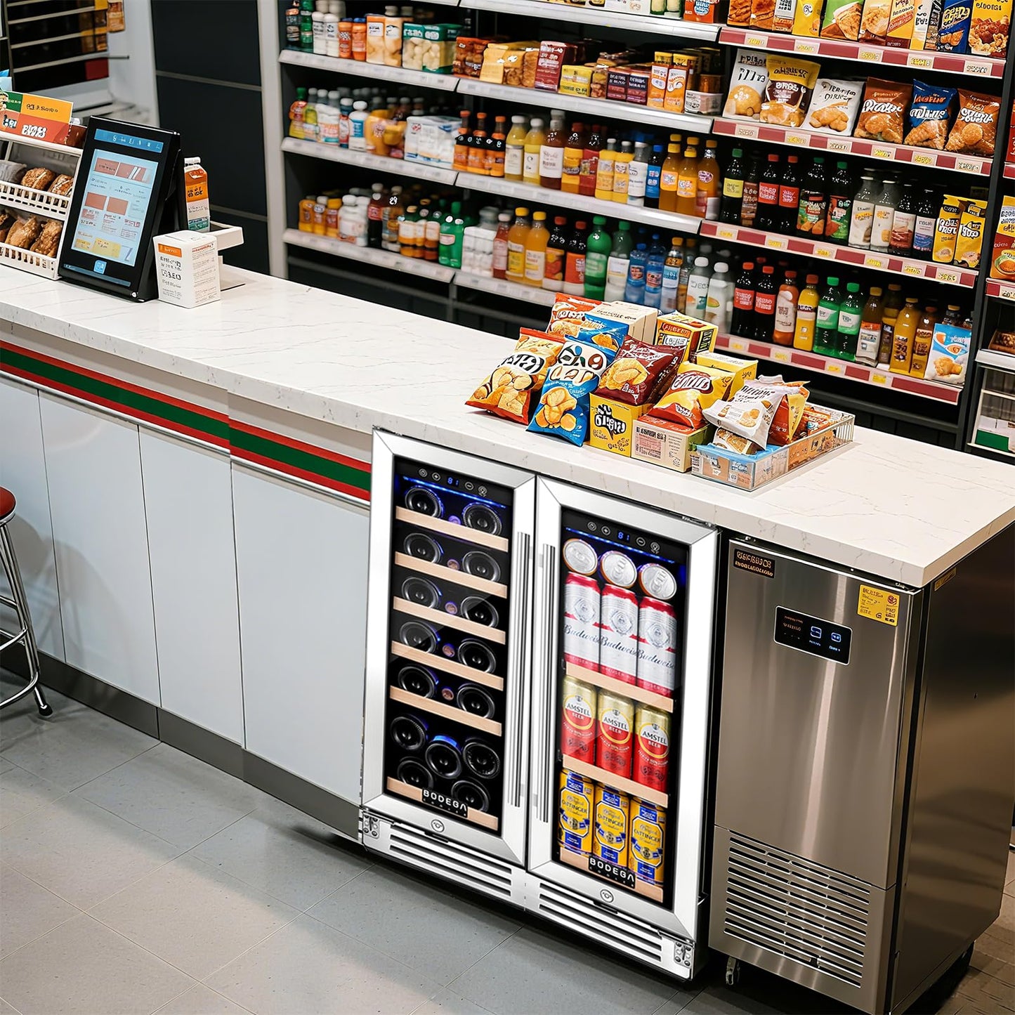 BODEGA 24 Inch Wine and Beverage Refrigerator, Dual Zone Wine and Bar Beverage Cooler, Commercial Black Bar Cooler With 2 Glass Doors, Bar Fridge Hold 19 Bottles and 57 Cans,Built-In or Freestanding.