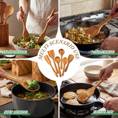 Qinyoung 6 Pack Olive Wood Cooking Utensils Olive Wood Kitchen Utensils Mixing Spatula Spoon Fork Set with Gift Box for Cooking Baking Meal, Birthday Anniversary Mother's Day Housewarming Gifts