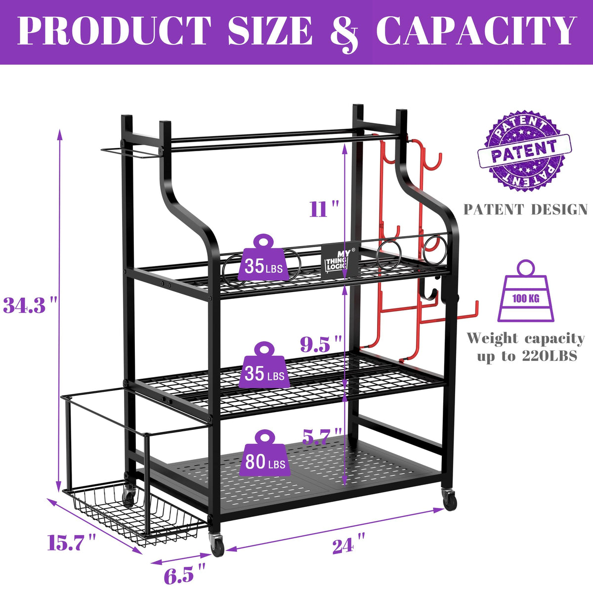 Mythinglogic Yoga Mat Storage Racks for Home, Gym Rack for Dumbbells Kettlebells Foam Roller, Yoga Strap and Resistance Bands, Workout Equipment Organizer With Hooks and Wheels