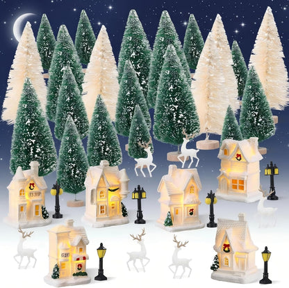Kasyat Winter Village Set - 50 Pcs LED Lighted White Houses & Mini Trees for Christmas Decor