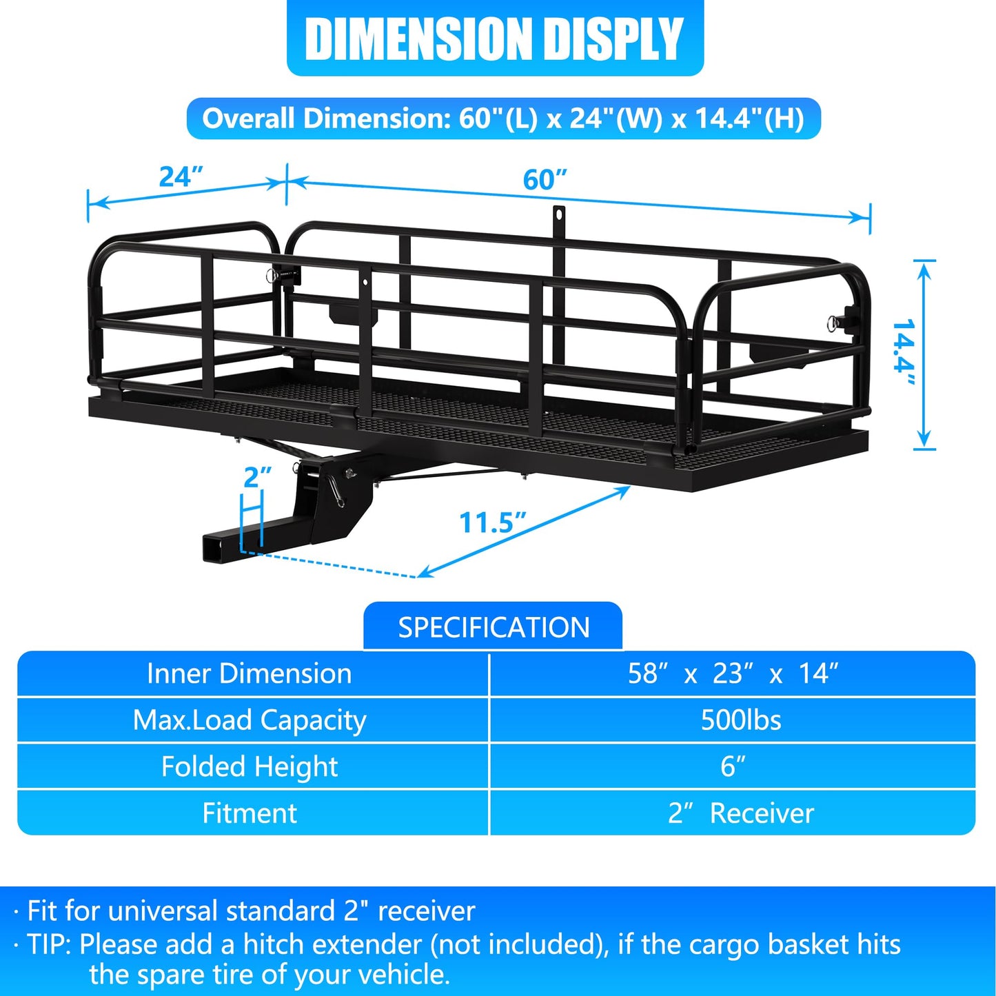 KAIRAY 500 Lbs Heavy Duty Hitch Mount Cargo Carrier 60" x 24" x 14.4" Folding Cargo Rack Rear Luggage Basket Fits 2" Receiver for Car SUV Camping Traveling