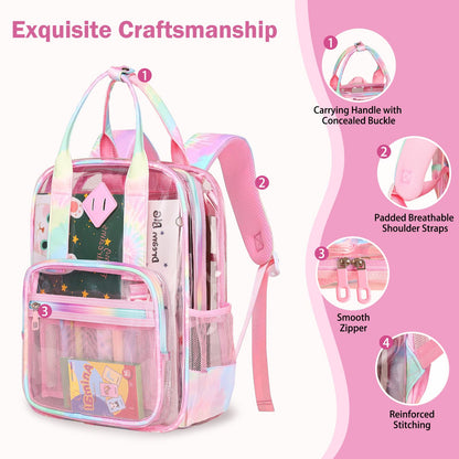 Rinooau Clear Backpack Heavy Duty, PVC Clear Bag for Stadium Events See Through Pink Bookbag, Transparent Backpack for Girls Women Kids Stadium Approved Clears Concert Bag for School Work Travel