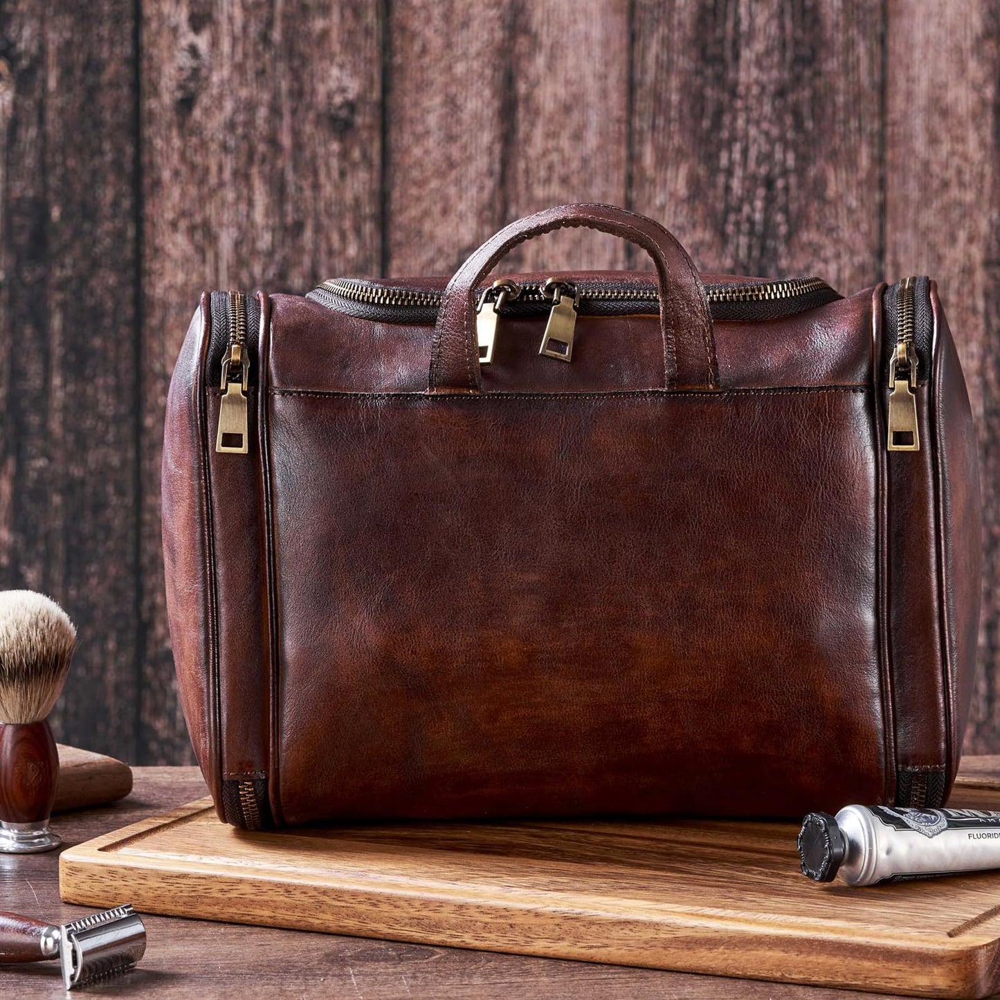 RC ROCKCOW Toiletry Bag For Men, Genuine Leather Toiletries Organizer, Large Travel Hanging Toiletry Bag Water-resistant Bathroom Shaving Kit for Cosmetics, Makeup Case Travel Dopp Kit