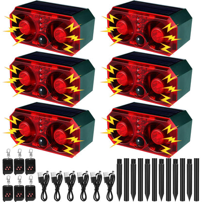Qualirey 6 Pcs Solar Outdoor Motion Sensor Alarm with Stake Animal Deterrent Dog Barking Sensor 13 Sound 130db Loud Noise Maker 4 Mode with USB Remote Control Support Recording Volume Adjustment