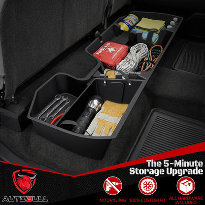 AutoBull Rear Underseat Storage Box For 2019-2026 Chevy Silverado/GMC Sierra 1500,Chevrolet Silverado/Sierra 2500HD 3500HD Double Cab &Crew Cab 2020-2026,Under Seat Storage Organizer w Bin & Mesh Net
