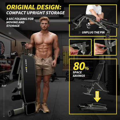 Adjustable Weight Bench,1000 LB Fast Folding Workout Bench for Home Gym Strength Training, Incline Decline Flat Utility Bench Press for Full Body Workout, Upright Storage Yellow Exercise Bench (Grey)