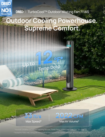DREO TurboCool Outdoor Misting Fan 711AS, 33 ft/s High Velocity, 12 Speeds, 4 Modes Smart Standing Floor Fan, 150° Customizable Oscillating, 20 dB Quiet DC Motor for Bedroom, Weather Resistant
