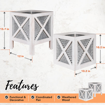 Autumn Alley Farmhouse Front Porch Planters Set of 2 Stand with Galvanized Corrugated Metal Planter for Outdoors/Indoors - Rustic Wood Square Planters Box on Legs – Charming Farmhouse Décor, White