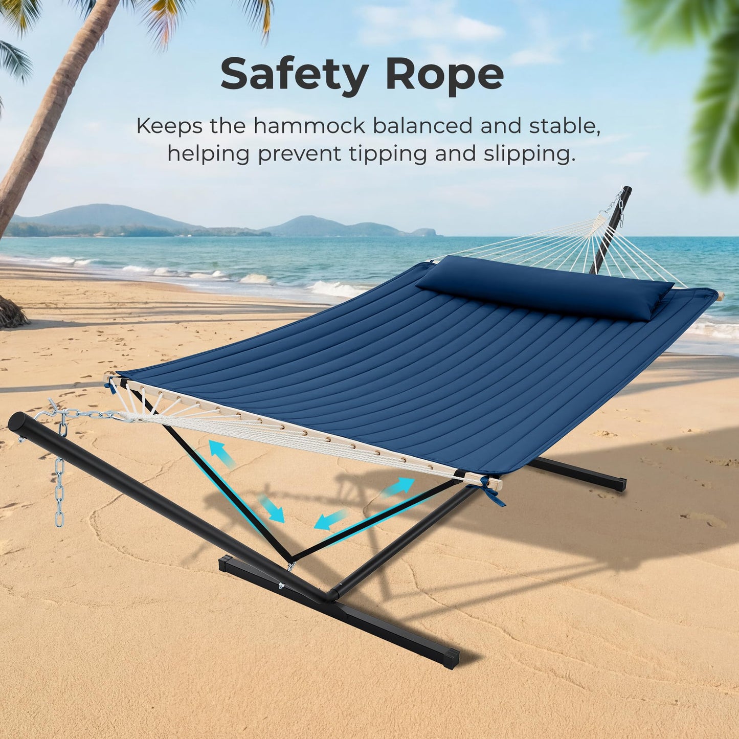 SUPERJARE 12ft Double Hammock with Stand, Rope Hammock for 2 Person, Detachable Hammock Bed and Pillow, Portable, Anti-Tip Safety Ropes, Carry Bag, Outdoor Backyard Patio Camping, Navy Blue