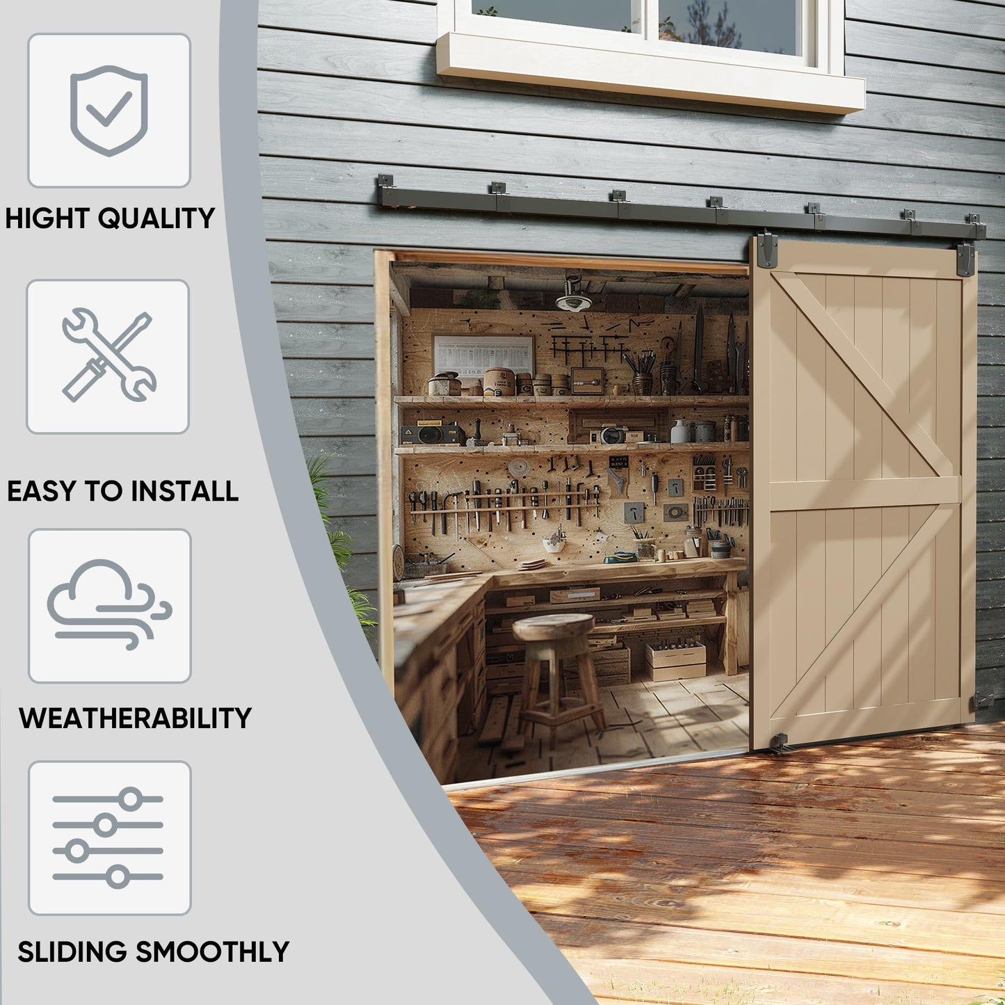JUBEST 12FT Box Rail Exterior Barn Door Hardware Kit, Heavy-Duty Black Sliding Barn Door Track System, Wall Mount Door Hardware Kits (Door Not Included)