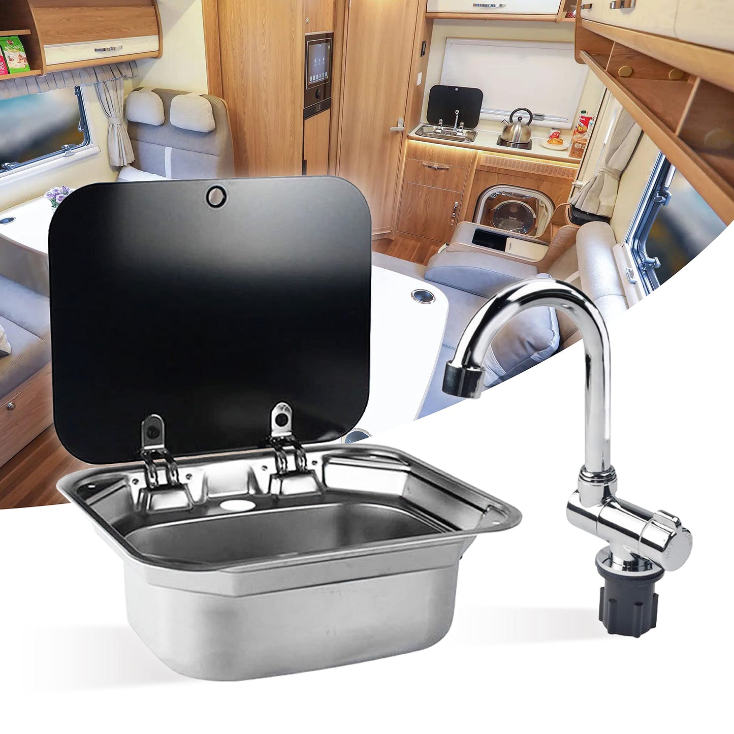 E EZEXPREZE RV Sink Stainless Steel Kitchen Hand Wash Basin Sink with Folded Faucet Tempered Glass Lid Washbasin for Camper Trailer Caravan (Sink with Faucet U)