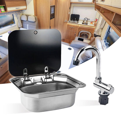 E EZEXPREZE RV Sink Stainless Steel Kitchen Hand Wash Basin Sink with Folded Faucet Tempered Glass Lid Washbasin for Camper Trailer Caravan (Sink with Faucet U)