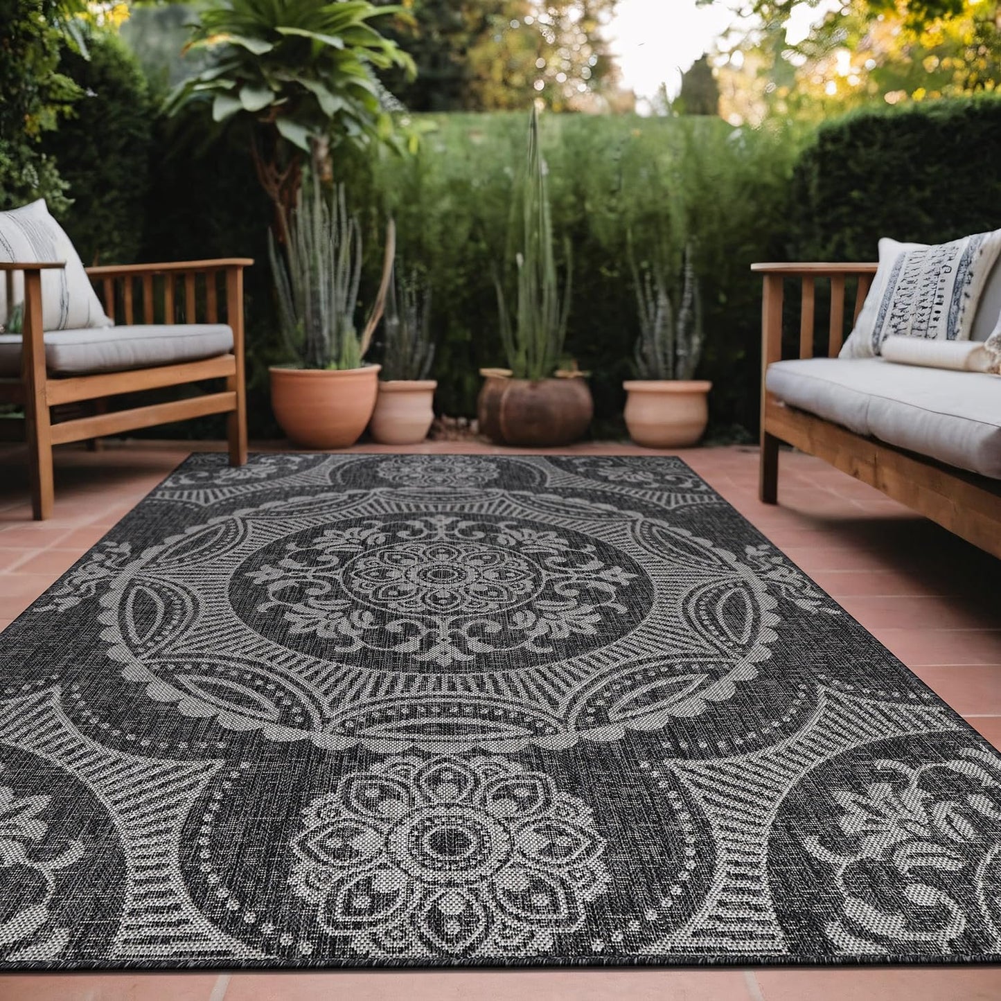 Luul Home Medallion Outdoor Rug 9x12 Washable Outside Carpet for Indoor Patio Porch Waterproof Easy Cleaning Non Shedding Area Rugs Dark Gray 9 x 12