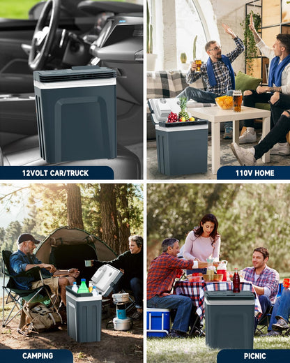 SubSun 27 Quart Electric Cooler and Warmer with Handle, 25L Portable Thermoelectric Fridge for Vehicles & Trucks, 12 Volt Car Fridge Cooler with 12V DC & 110 AC for Camping, Travel & Picnics, Grey