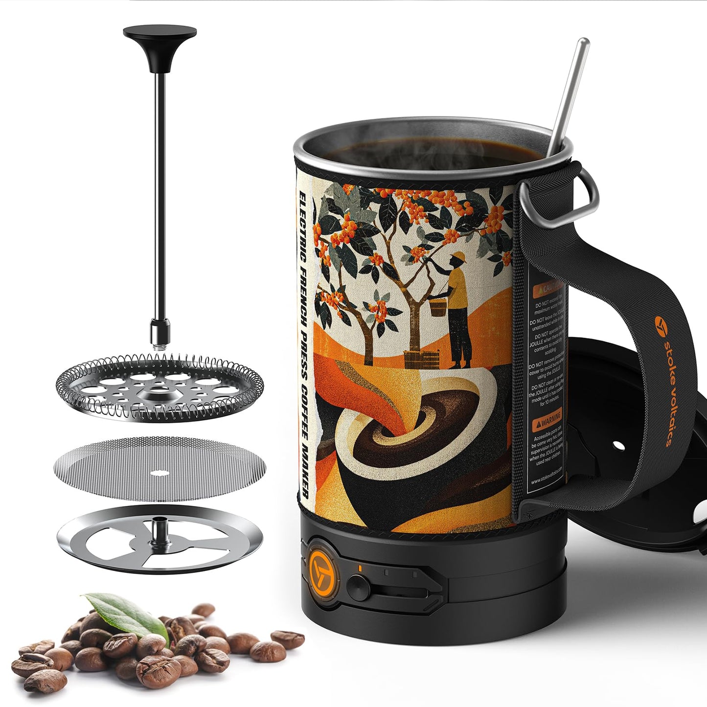 STOKE VOLTAICS Electric French Press Coffee Maker, 120V Boil Water & Press Coffee 2-in-1, Portable Design for Camping, Travel, 6 Minute Brew Ready