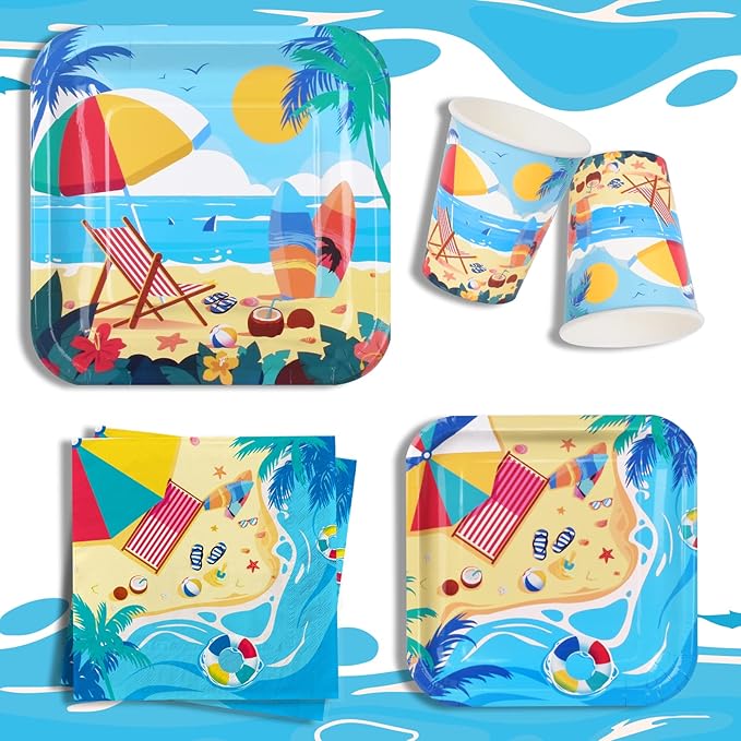Beach Theme Party Supplies Summer Pool Pack Includes: Paper Dinner Plates Dessert Plates Luncheon Napkins Cups and Tablecloth for Hawaiian Party Birthday Decorations Serve 25