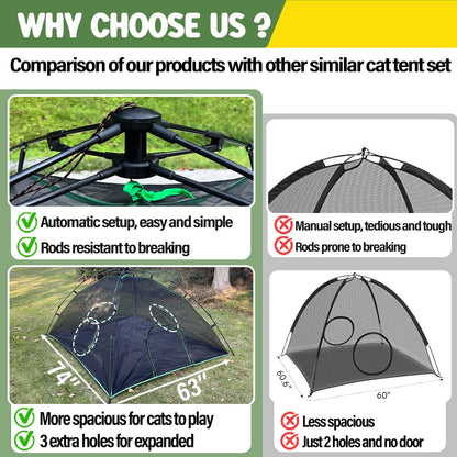 Pawtenda Cat Tents for Outside, Green Outdoor Cat Enclosures, Foldable Pet Playpen with Tunnels for Outside, Portable 4-in-1 Catio Including 2 Tents and 2 Tunnels