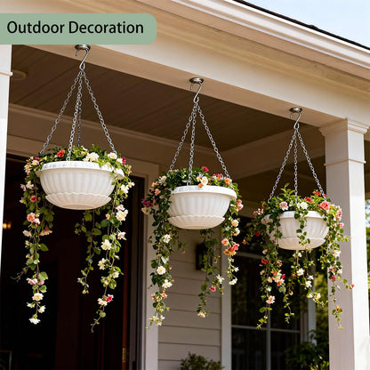 summer flower 3 Pack Large Hanging Planters 12.59in Plastic Plant Pots with Drainage Holes & Trays for Indoor Outdoor Garden Wall Window Decor (White)