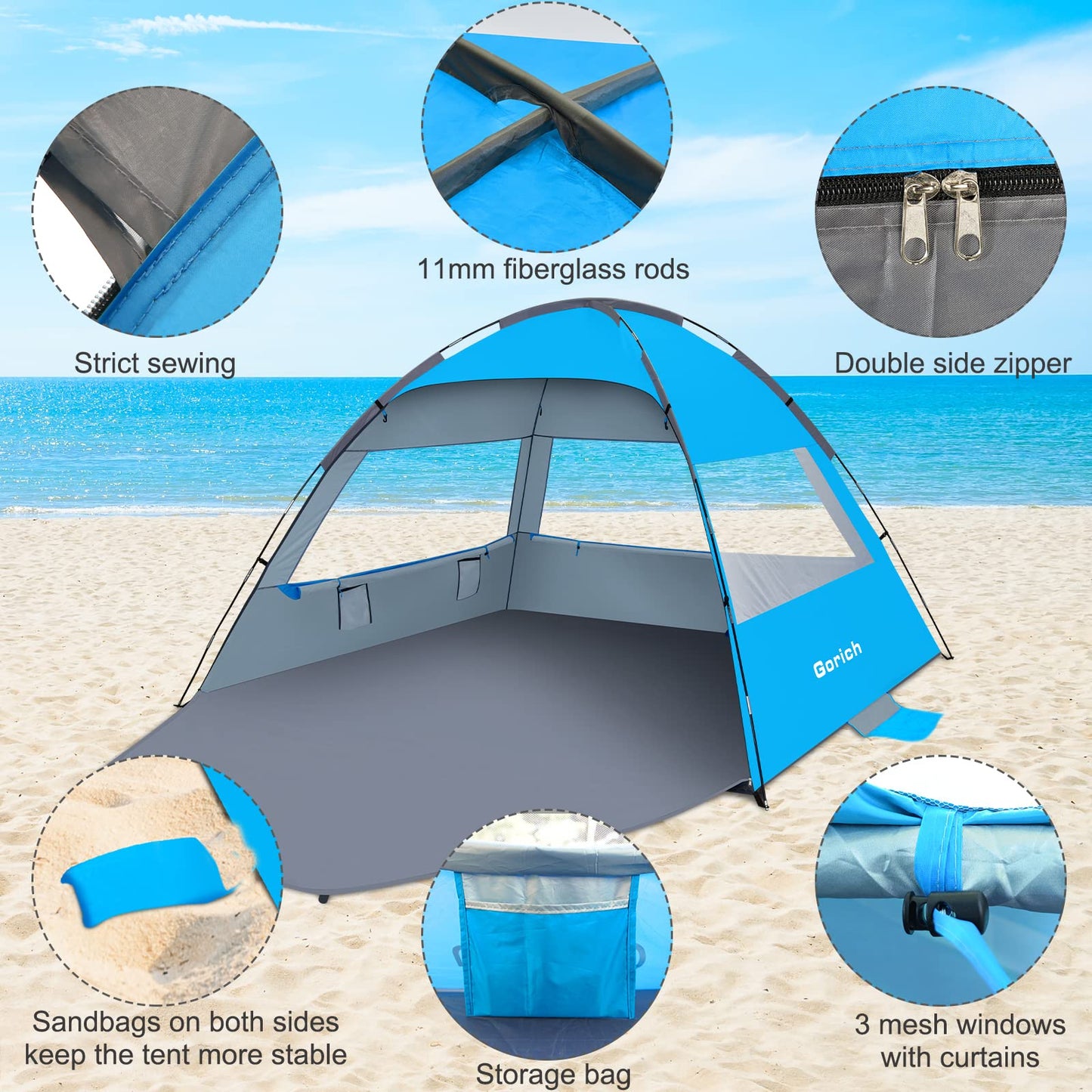 Gorich Beach Tent Sun Shelter for 3/4/6/8/10 Person with UPF 50＋ UV Protection, Lightweight & Easy Setup Beach Shade Canopy, Portable Beach Shade Tent Beach Cabana