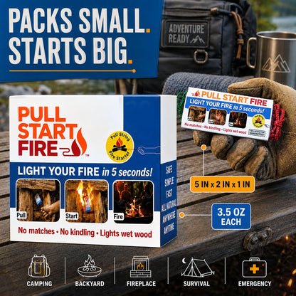 Pull Start Fire Pull String Fire Starter - No Matches Required, Lights Wet Wood, Chimney Starter, Food Safe Firestarter Brick for Campfire Grill, BBQ, Fireplace, Firepit, Burns 30 Minutes - 12 Count