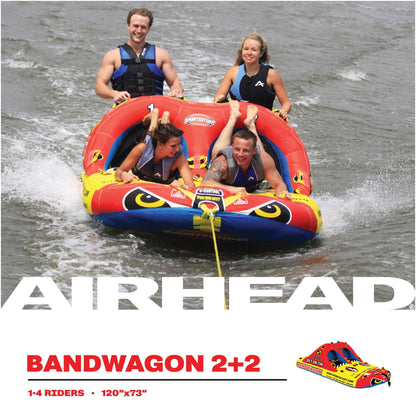 SportsStuff Bandwagon 2+2 Towable 1-4 Rider Tube for Boating and Water Sports, Kwik-Connect Tow, Heavy-Duty Full Nylon Cover and EVA Padding