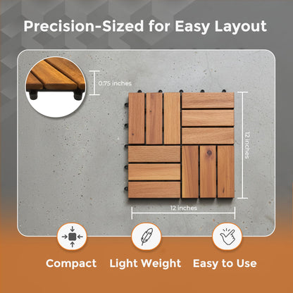 Majestick Goods Interlocking Slat Deck Tiles, Acacia Wood Interlocking Deck Tiles - Easy Installation for Patio Flooring & Walkways with Raised Base Drainage, 12 x 12 x 0.9 Inch (24 Count)