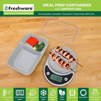 Freshware Meal Prep Containers - 25 Pack 2-Compartment Bento Boxes | BPA-Free, Stackable, Microwave Safe (28 oz) - Grey