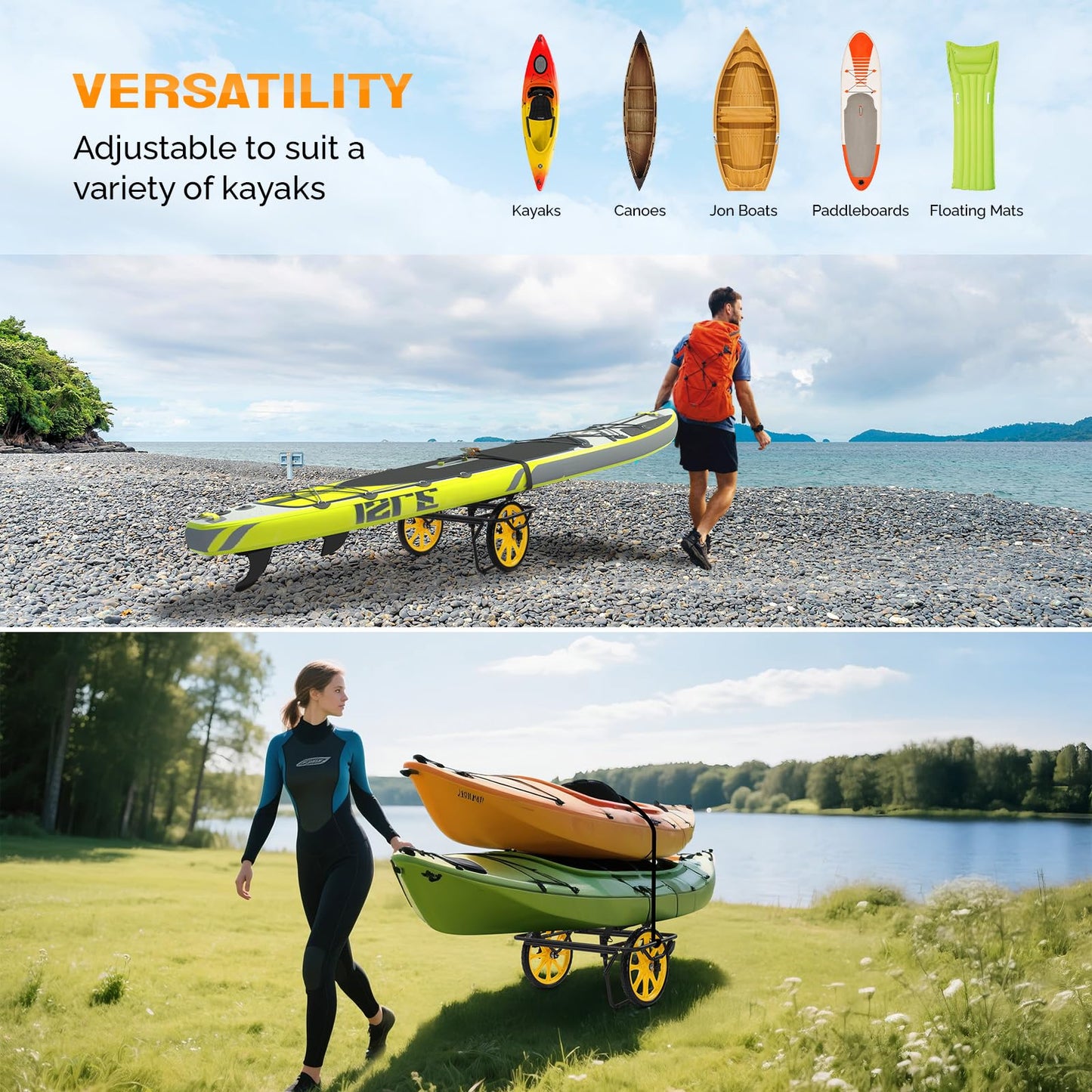 Bonnlo Durable Canoe Cart, All-Terrain Trolley Carrier with 15" Large Kayak Wheels, 330lbs Kayak Cart Dolly with Kickstand, Adjustable 4 Postions (8.66"-19.69") to Fit Kayaks, Canoes, and Small Boats