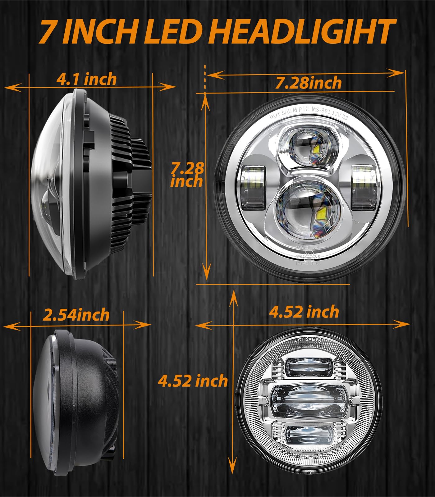 7 Inch Motorcycle LED Headlight 4.5" Fog Passing Lights DOT Kit for Harley Davidson Street Glide Touring Road King Electra Glide Fat boy Ultra Classic Heritage Softail Switchback CVO Tri Glide Chrome