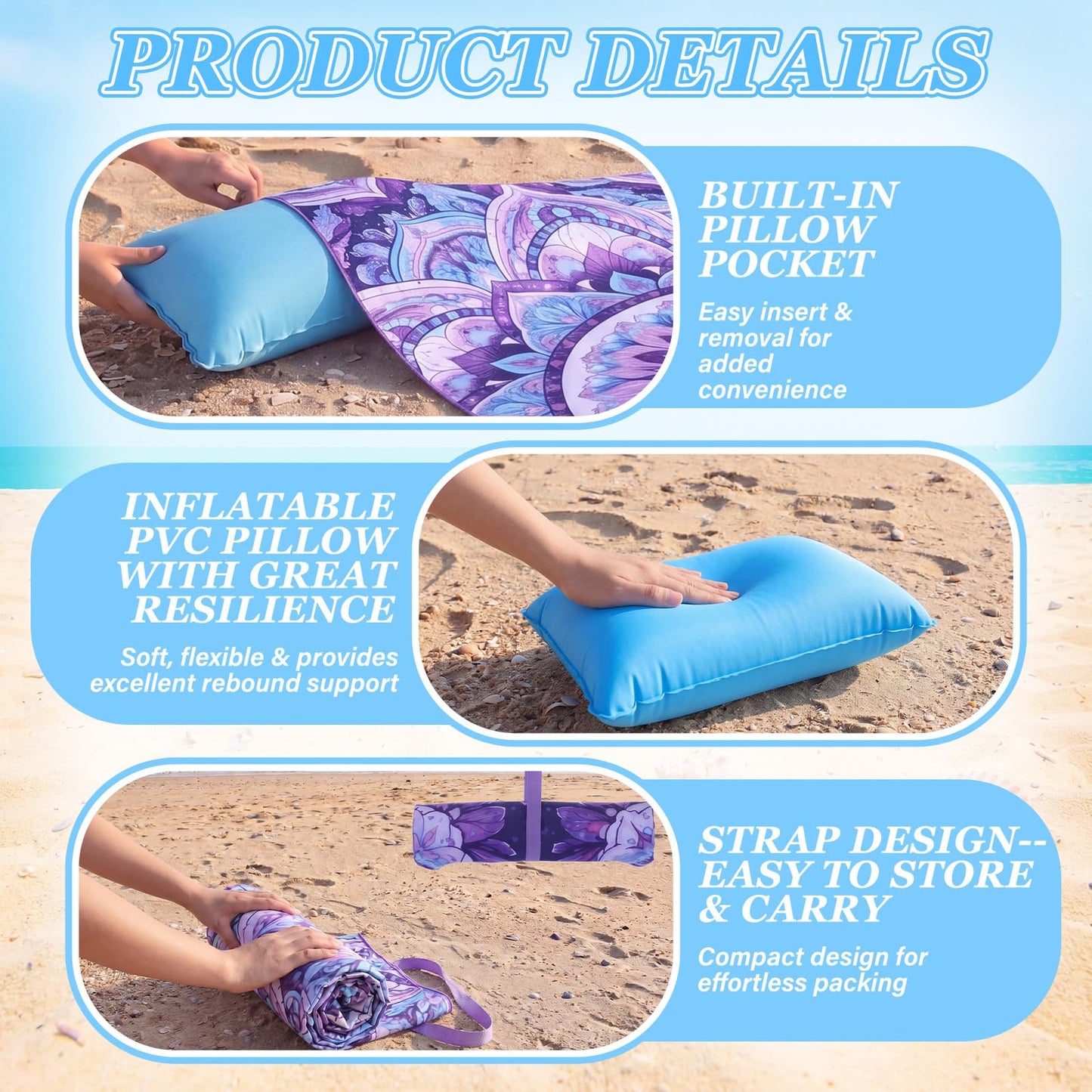 Lumina Garden 2 in 1 Microfiber Beach Towel with Round Inflatable Pillow 71'' x 32'' Mandala Lounge Chair Towel Oversized Quick Dry Blanket with Straps Pillowcases for Seaside Pool Camping