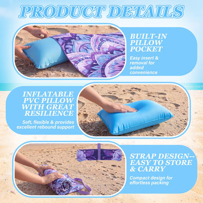 Lumina Garden 2 in 1 Microfiber Beach Towel with Round Inflatable Pillow 71'' x 32'' Mandala Lounge Chair Towel Oversized Quick Dry Blanket with Straps Pillowcases for Seaside Pool Camping